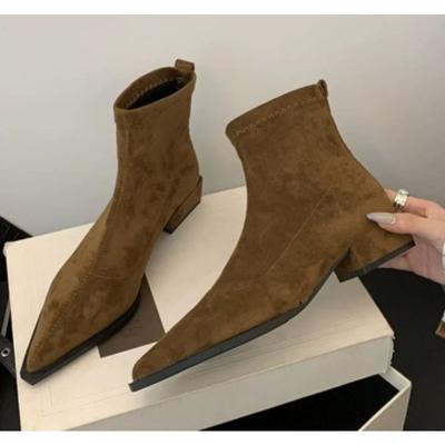Женские ботильоны Темпераментный Острый носок Короткие ботинки Высокое качество Замша Ретро Ботильоны Облегающие Эластичные Короткие ботинки Botas Mujer