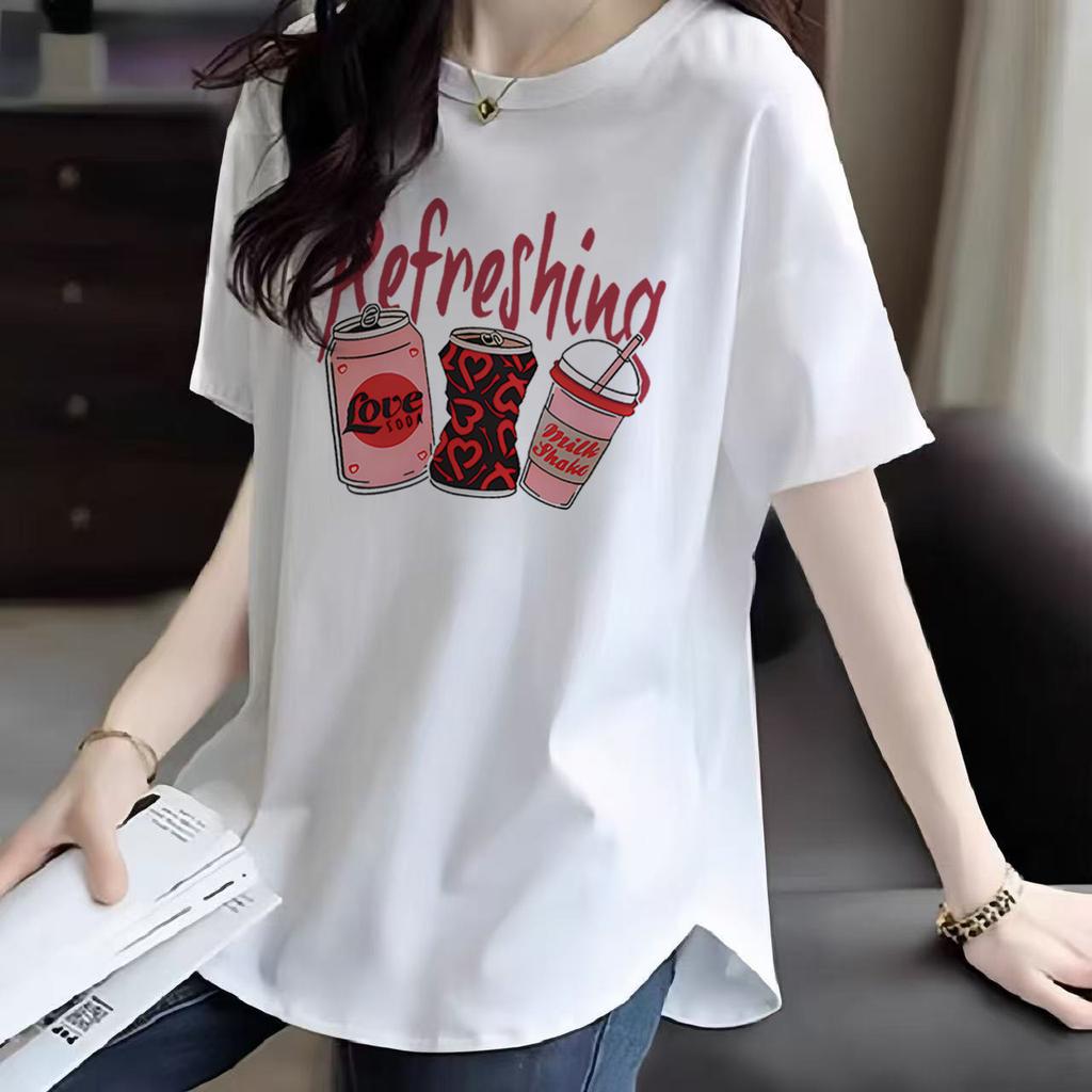 Pure Cotton Front Shoulder Short-sleeved T-shirt for Women's Summer New Korean Style Loose and Fashionable Printed Curved Hem Cover Top