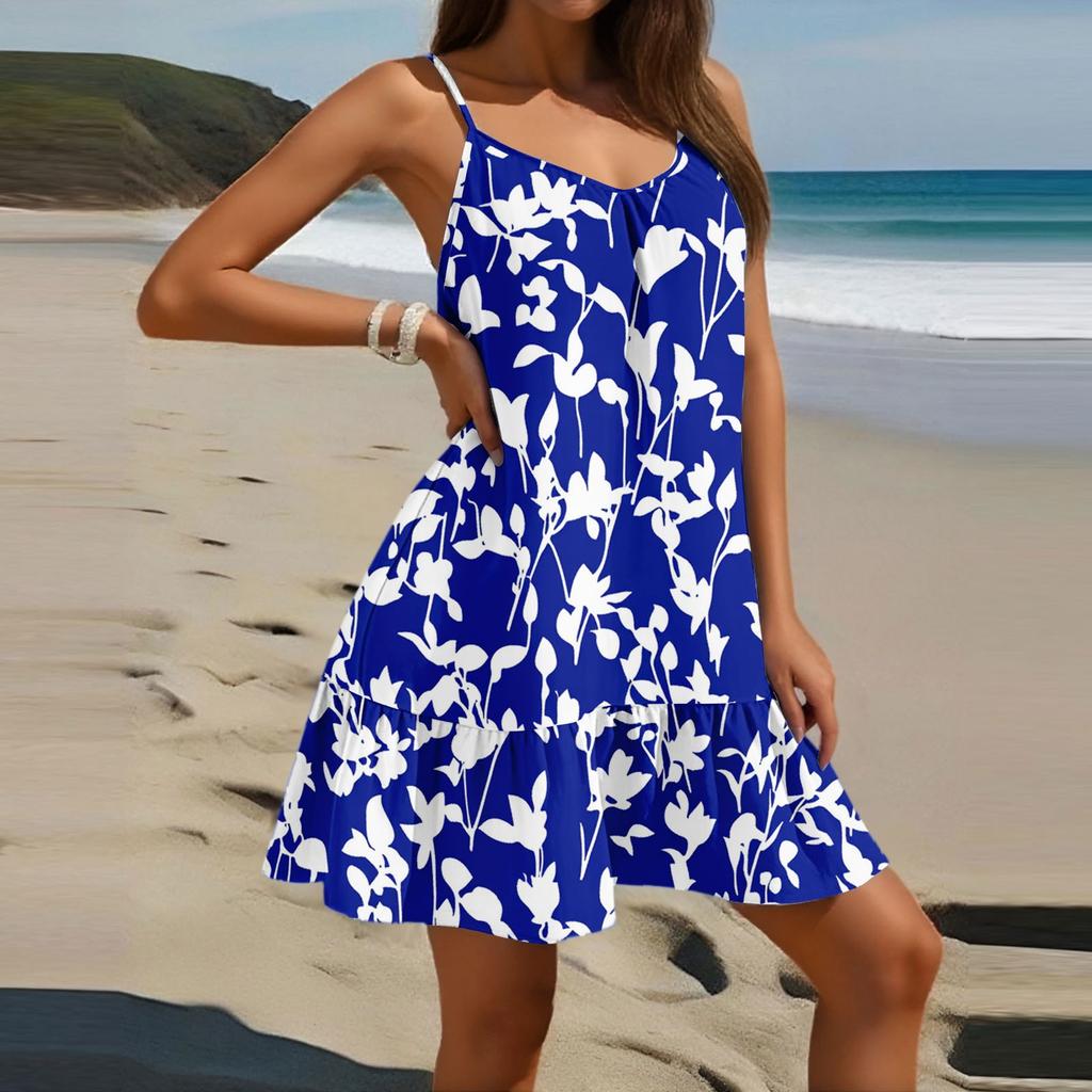 Женское модное повседневное платье без рукавов с круглым вырезом и цветочным принтом для пляжа