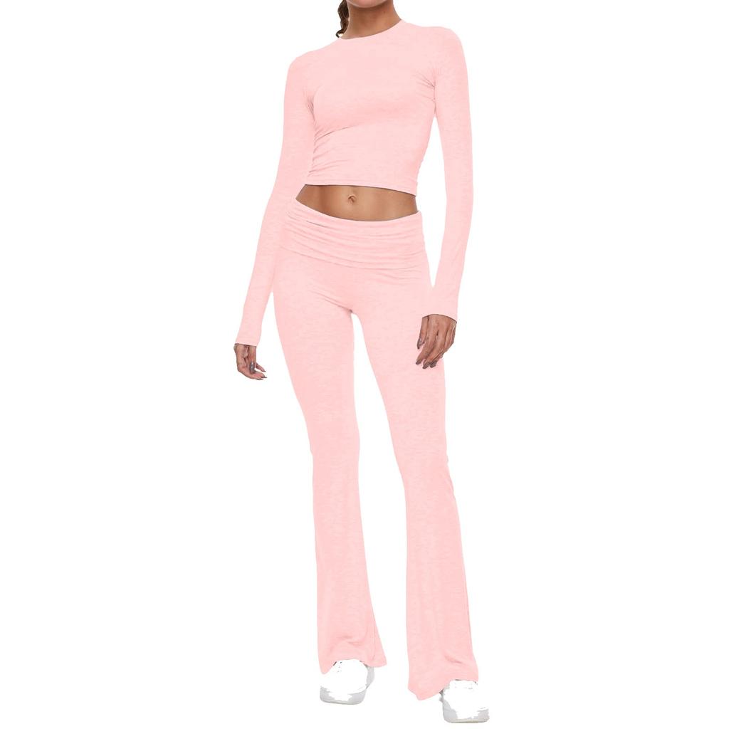 Women's Fashion Solid Color Round Neck Long Sleeve Top Wide Leg Pants Set