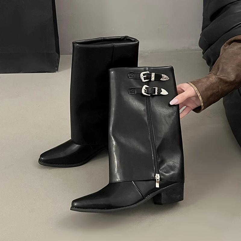 Панк женские гладиаторские высокие сапоги модные зимние новые остроносые трендовые женские туфли 2025 года до середины голени массивные дизайнерские мотоциклетные сапоги