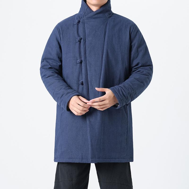 Мужская плотная хлопково-льняная куртка в китайском стиле с пуговицами-лягушками, воротником-стойкой, средней длины, большого размера, костюм Тан.