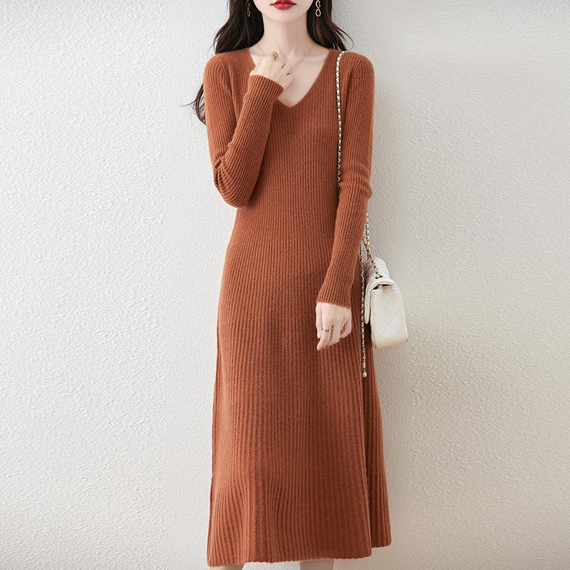 Женское платье-свитер 100% шерсть MODERN NEW SAGA V-образный вырез трикотажный длинный пуловер зимние джемперы шерстяное длинное платье женское