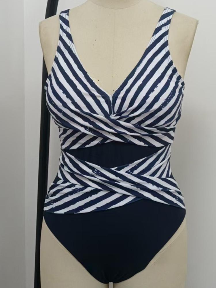 Купальник Женский V-образный вырез Купальный костюм Сращенный Полосатый Модный Цельный Боди Купальный костюм Летняя Мода Купание Бикини
