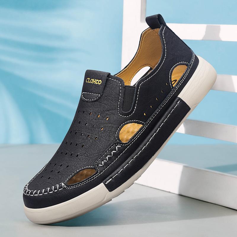 Мужские повседневные кожаные сандалии, прочные, сшитые вручную, с закрытым носком, нескользящие, для использования в помещении, на открытом воздухе, на пляже