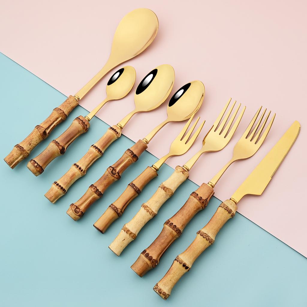 20Pcs Gold Stainless Steel Cutlery Set Wood Bamboo Root Handle Dinnerware Knife Tea Spoon Cake Fork Tableware Kitchen Silverware