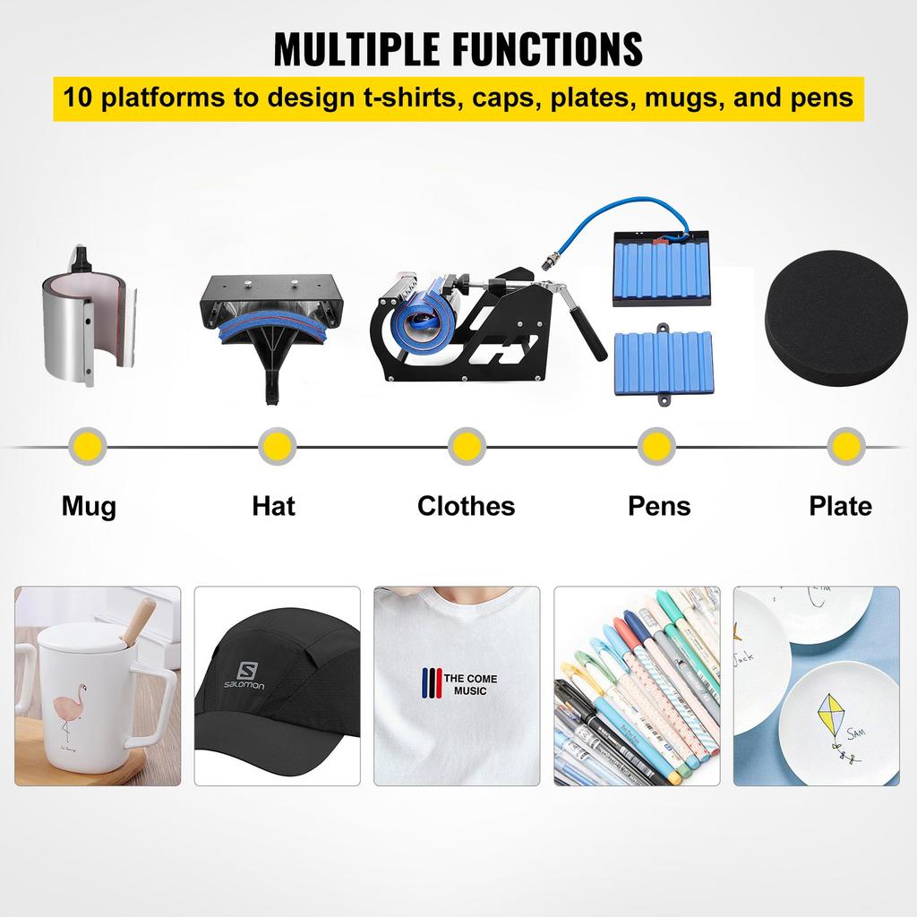 VEVOR Heat Press 30.5x38.1 cm 10 In 1 Heat Press 1000W Heat Press Machine with 360 degrees Rotation Swing Away Red Heat Press T-Shirt Sublimation