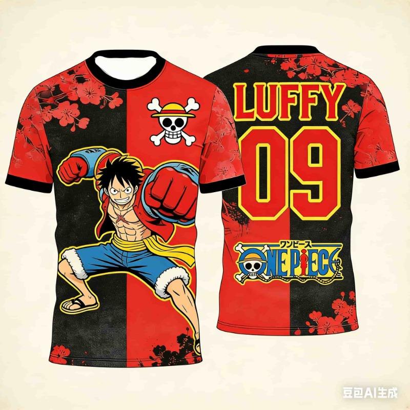 One Piece Luffy Football jersey, Straw Hat Skull Logo Casual Anime T-Shirt, Moisture Wicking Top For Adults And Kids