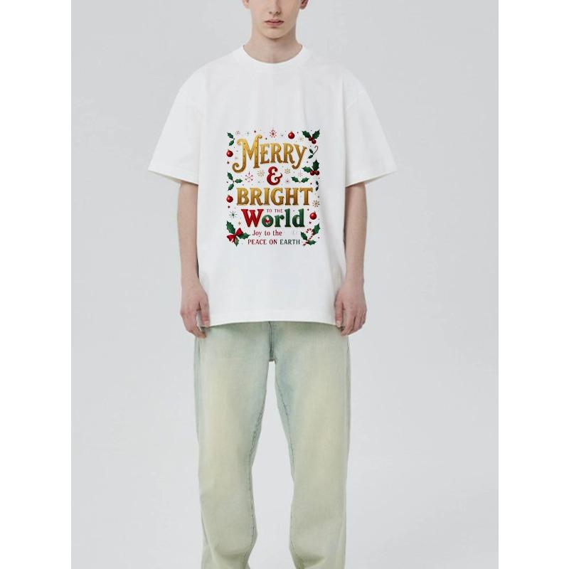 Merry and Bright World Christmas T-Shirt Black Holiday Text and Floral Design for Christmas Celebration