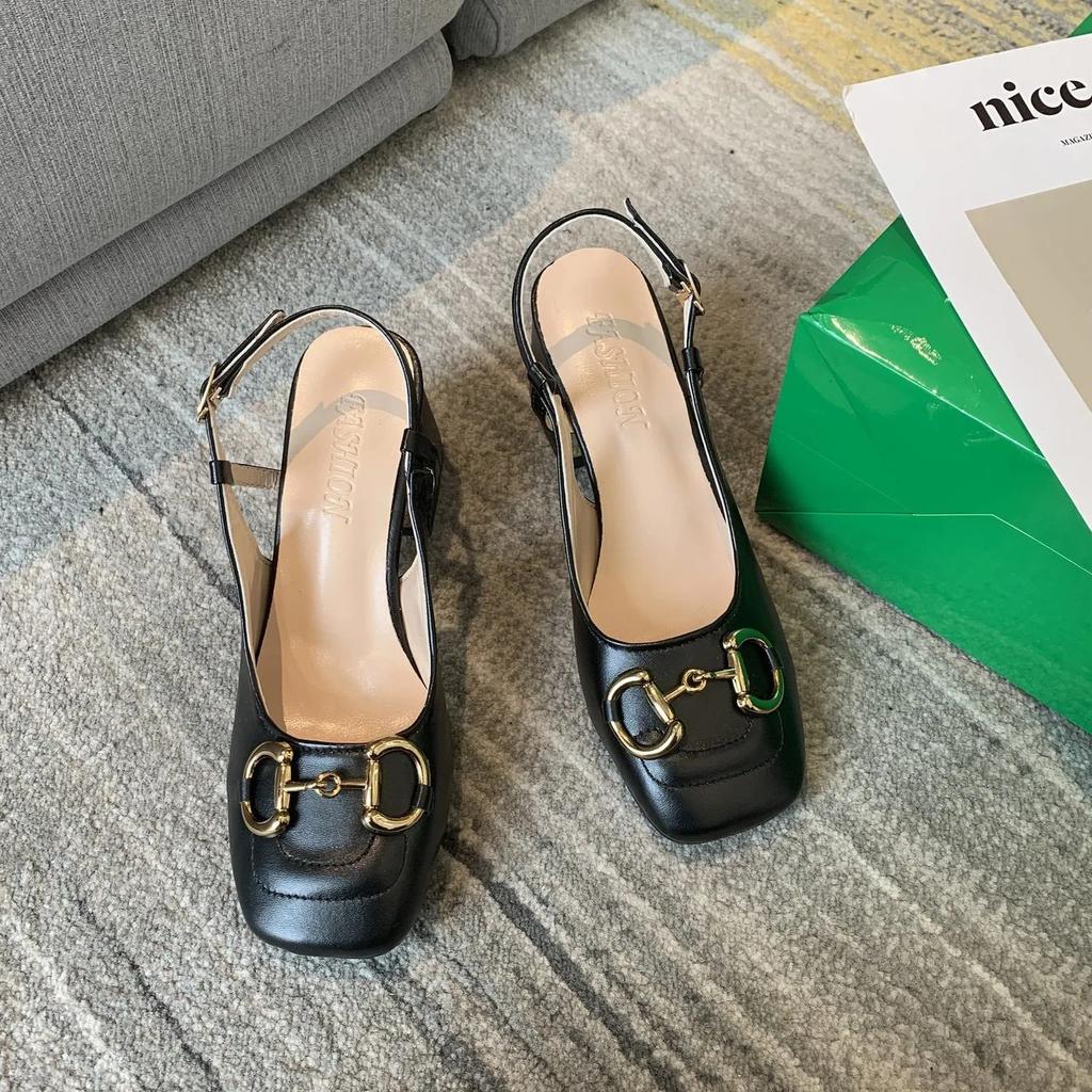 Женская обувь 2024 Металлическое украшение Женские туфли на высоком каблуке Модная пряжка Офисные Профессиональные Квадратный носок Толстый каблук Сандалии Zapatos