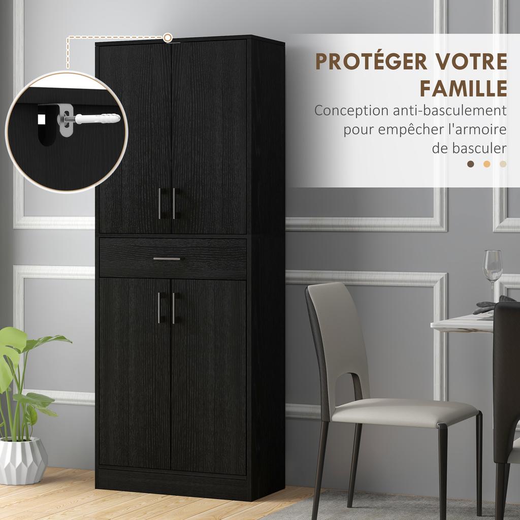Tall buffet kitchen cabinet 4 doors 2 cupboards and 1 central drawer height 180 cm with 2 adjustable shelves black
