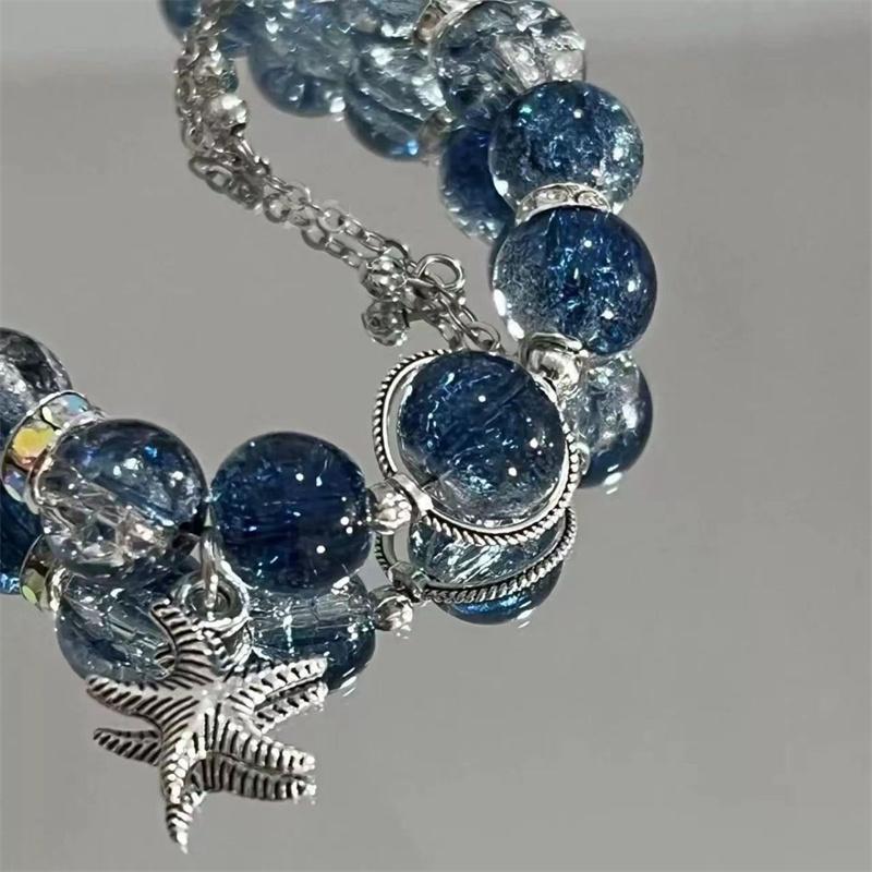 Niche Design Starfish Chain Tassel Bracelet for Women Fantasy Gradient Blue Crystal Beads Elastic Rope Bracelet Student Jewelry