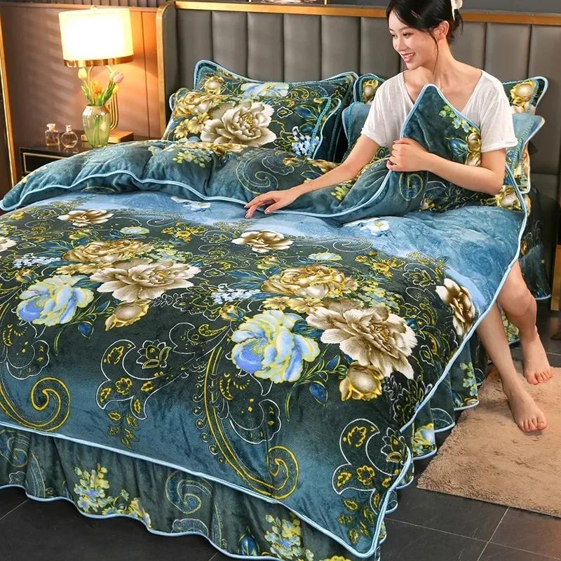 4 шт. Двусторонние фланелевые пододеяльники Молочный плюш Юбка для кровати Наволочка Утолщенный комплект из четырех предметов Постельная принадлежность Комплект из трех предметов Зима