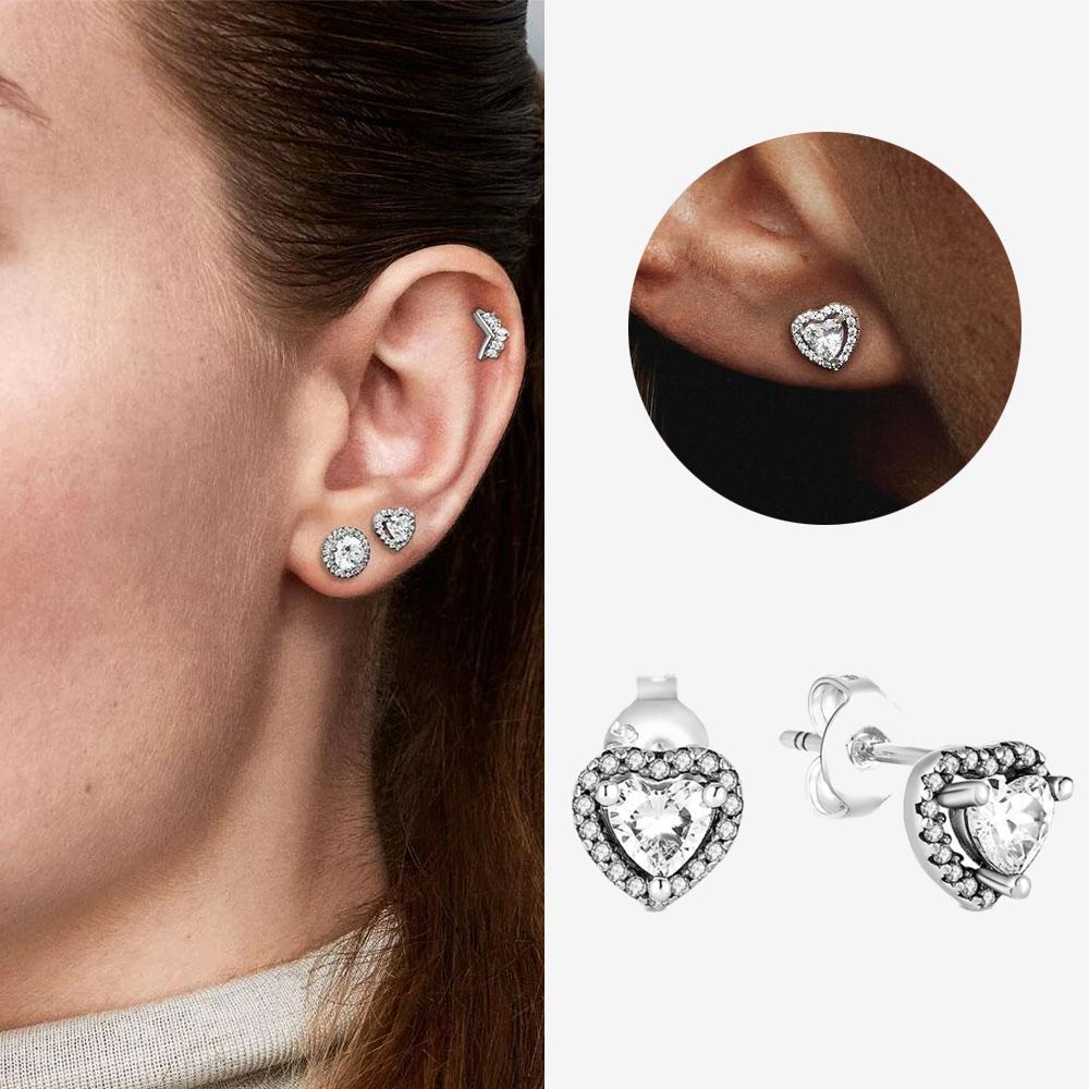 Authentic 925 Silver Cherry Blossom Bow Heart Hoop Stud Drop Earrings plata de ley Jewelry DIY Birthday Gift Original