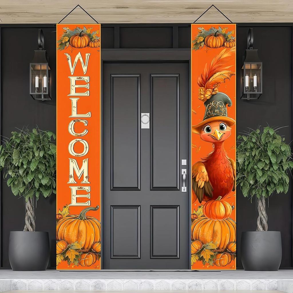 2pcs Thanksgiving Turkey Porch Banner Sign Set 12x71 Inch Autumn Thanksgiving Doors Decoration Fall Welcome Sign Pumpkin Door Banners for