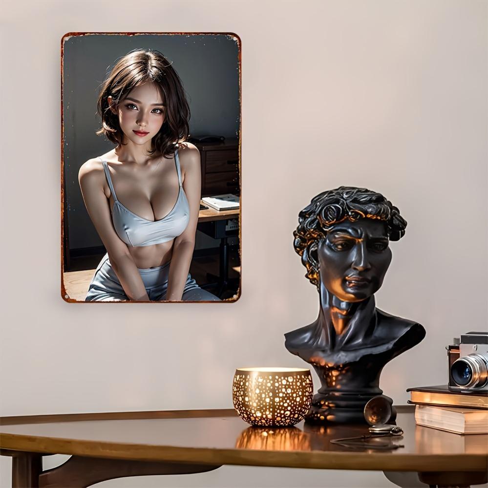 Винтажный металлический плакат для женщин - Элегантный портрет с каштановыми волосами и красными губами - Водонепроницаемый алюминиевый знак с клеем - Домашнее кафе Ba