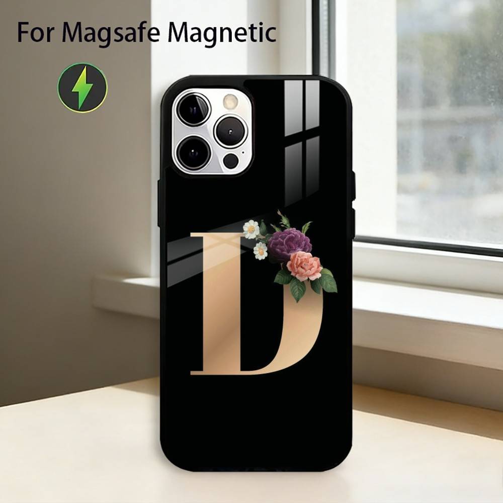 Flowers Initial L-Letter Phone Case For iPhone17,16,15,14,13,12,11 Plus,Pro Magnetic For Magsafe Wireless Charging
