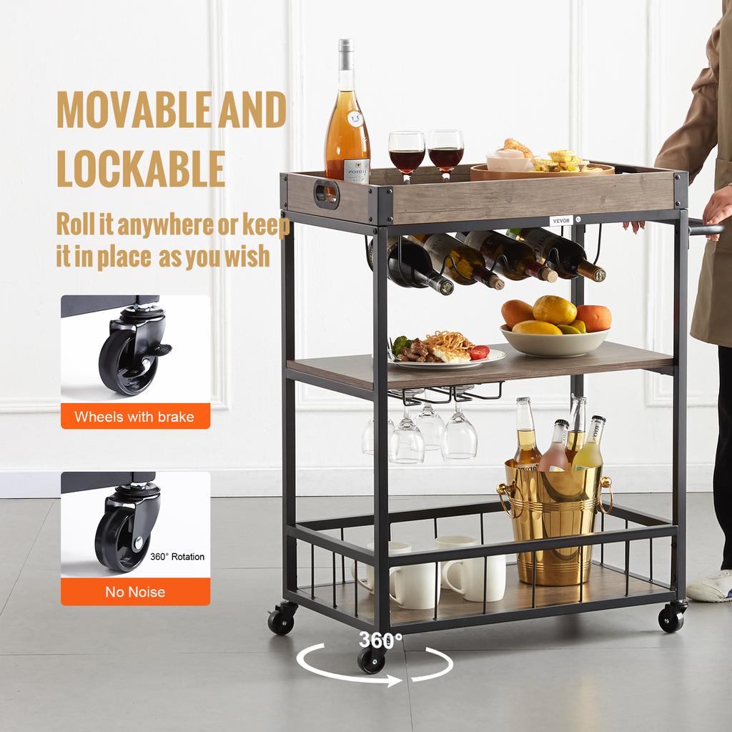 VEVOR 3-Tier Bar Wine Rack Cart Kitchen Food Truck On Wheels Vintage Mobile Serving Trolley w/MDF Board Steel Frame 110/300lbs