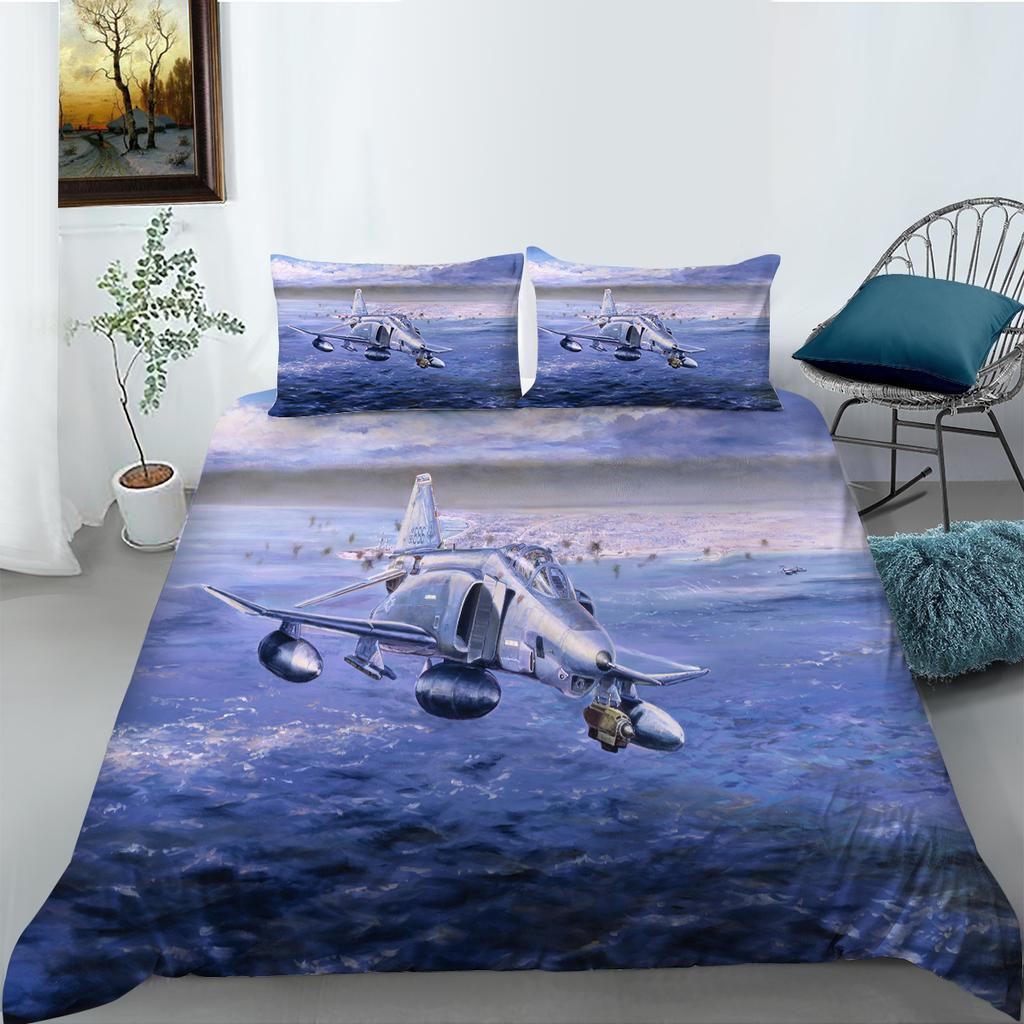 3D Aircraft Bedding Set, Transportation Tools, Quilts, Pillowcases, 2/3 Pieces, DE135 * 200, Boys' Room, Full Size, Soft, Zippered Bedroom Decoration
