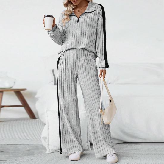 2 шт./комплект женский топ брюки комплект с застежкой-молнией воротник стойка длинные рукава однотонный свитшот эластичный пояс широкие спортивные штаны спортивный наряд осень повседневный