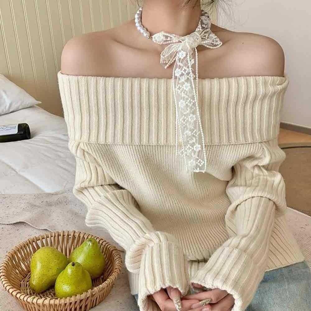 Summer Pearl Necklace Lace Scarf Hollow Embroidery Bags Handle Decor For Women Collarbone