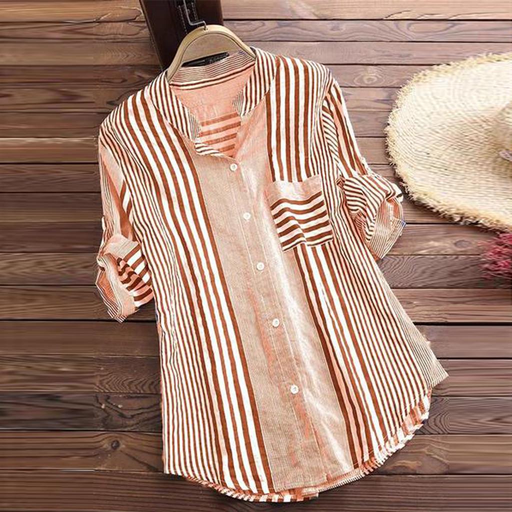 Plus Size Womens Three Quarter Striped Print V-Neck Loose Fit Top T-Shirt Blouse