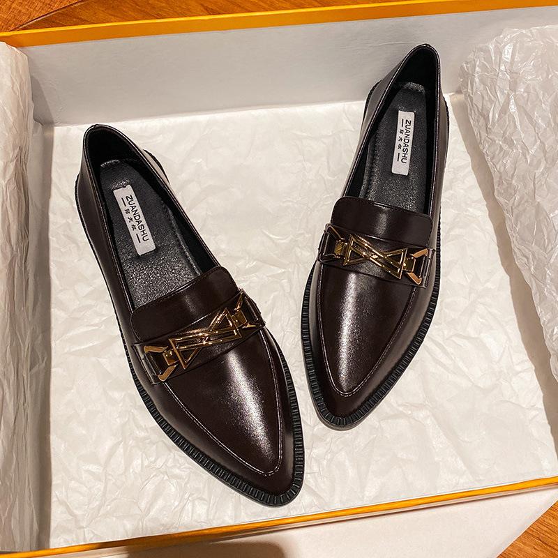 Pointed Toe Womens Loafers Shoes Metal Chain Clogs Platform Casual Female Sneakers Oxfords Slip-on Buckle Creepers On Heels Leat