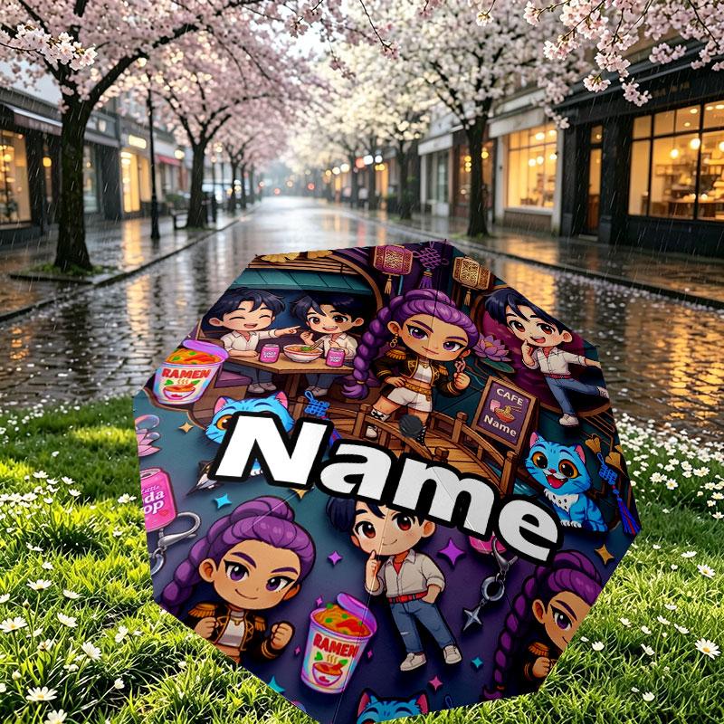 Custom Name Personalized Kpop Demon Hunter Print Umbrella, Auto Open Close, 8‑Rib Sturdy Frame, Commute Camping Hiking Use, Birthday Gift