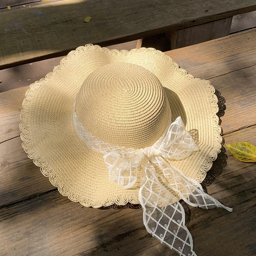 French Style Lace Straw Hat Spring Summer Women's Sun Hat Elegant Bow Ribbon Straw Hat  Outdoor
