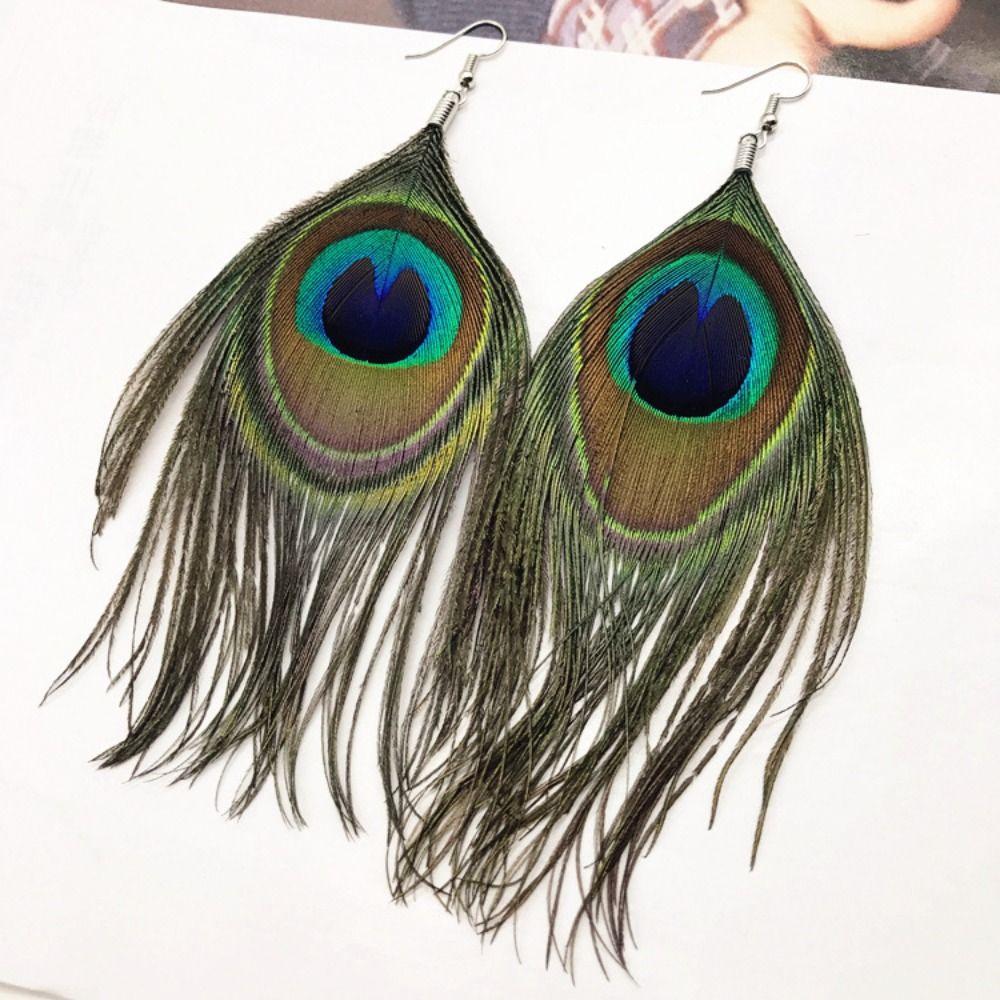 Retro National Style Bohemian Jewelry Bead Peacock Feather Earrings Women Dangle Earrings