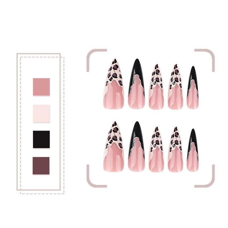 24Pcs Leopard Print Press On Nail Long False Nail French Tip Glossy Artificial Nail Full Cover Stick on Nail