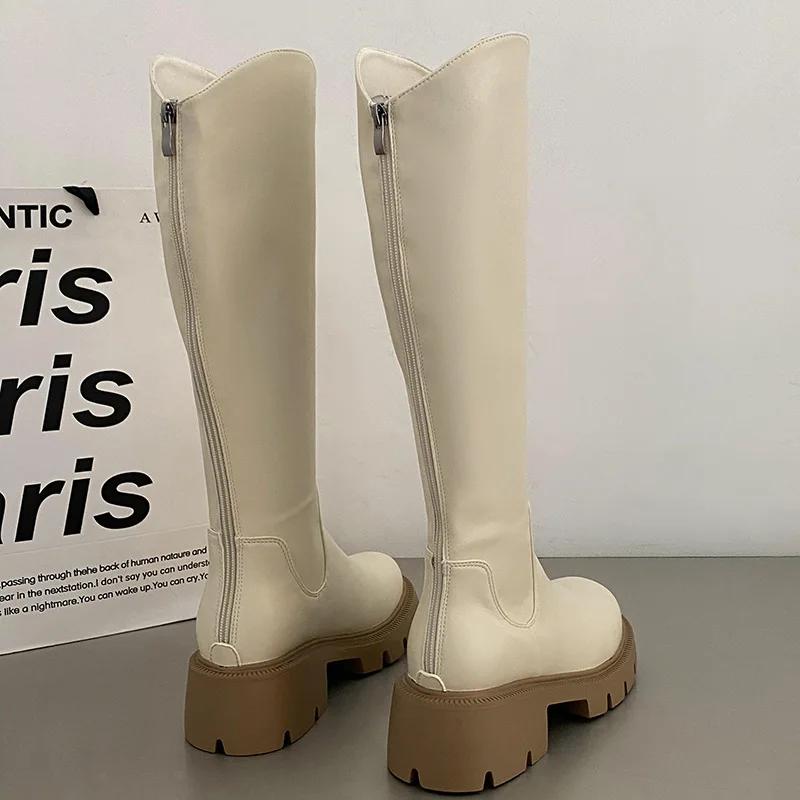 Зимние новые брендовые женские длинные сапоги, модные круглые носки, молнии, женские элегантные сапоги до колена с толстой подошвой, обувь 2024