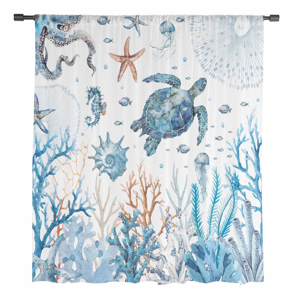 Океан Коралл Черепаха Морская звезда Прозрачные шторы для украшения гостиной Оконные шторы для кухни Тюлевые Вуалевые Органзовые шторы