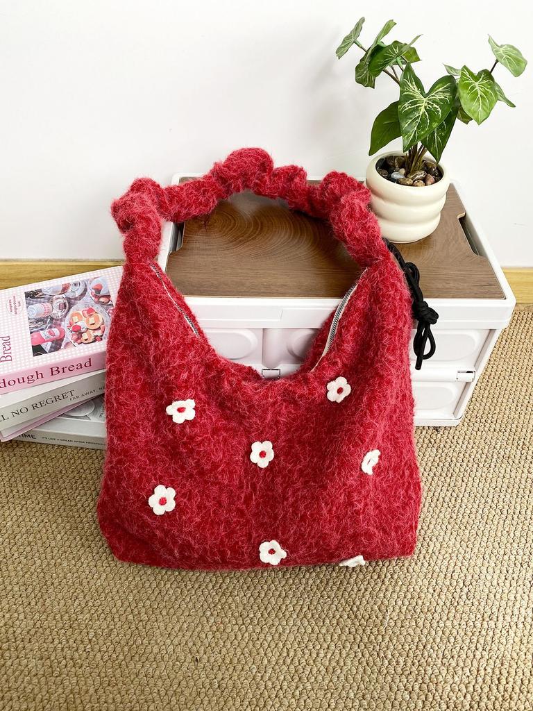 Fashion Three-dimensional Flower Plush Women's Shoulder Bags Drawstring Ladies Crossbody Bag Large Capacity Female Tote Bag
