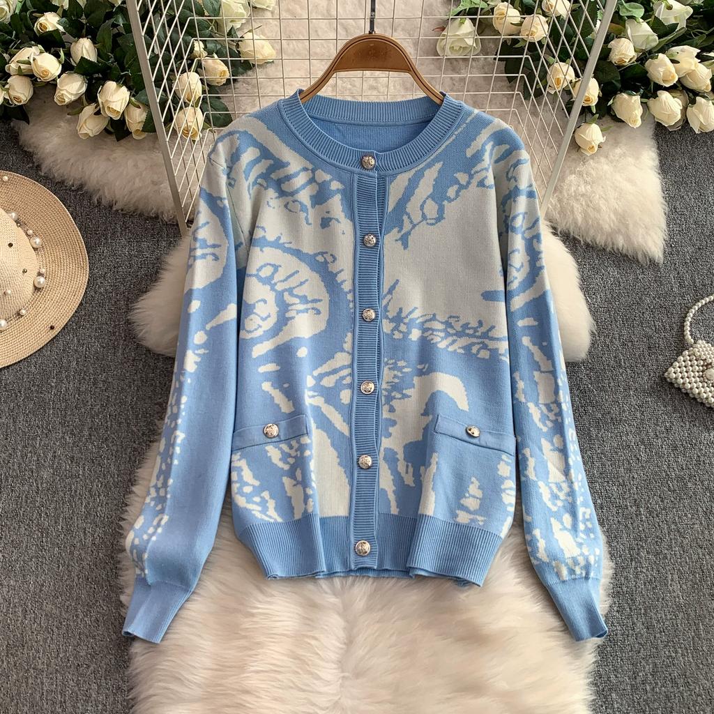 Autumn Winter Women Vintage Print Knitted Sweater Trouser Two Piece Set Full Sleeve Cardigan Tops and Drawstring Wide Leg Pant Suit