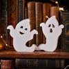 White Ghost Figurine for Home Cute Halloween Wooden Table Sign, Spooky Standing Decorative Entryway Block Sign Holiday Tiered Tray Centerpiece, Indoor
