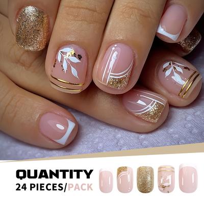 Набор из 24 блестящих золотых ногтей для французского маникюра, короткие квадратные накладные ногти с акцентами в виде листьев и волнистых линий, в комплект входит клей-желе и пилочка для ногтей