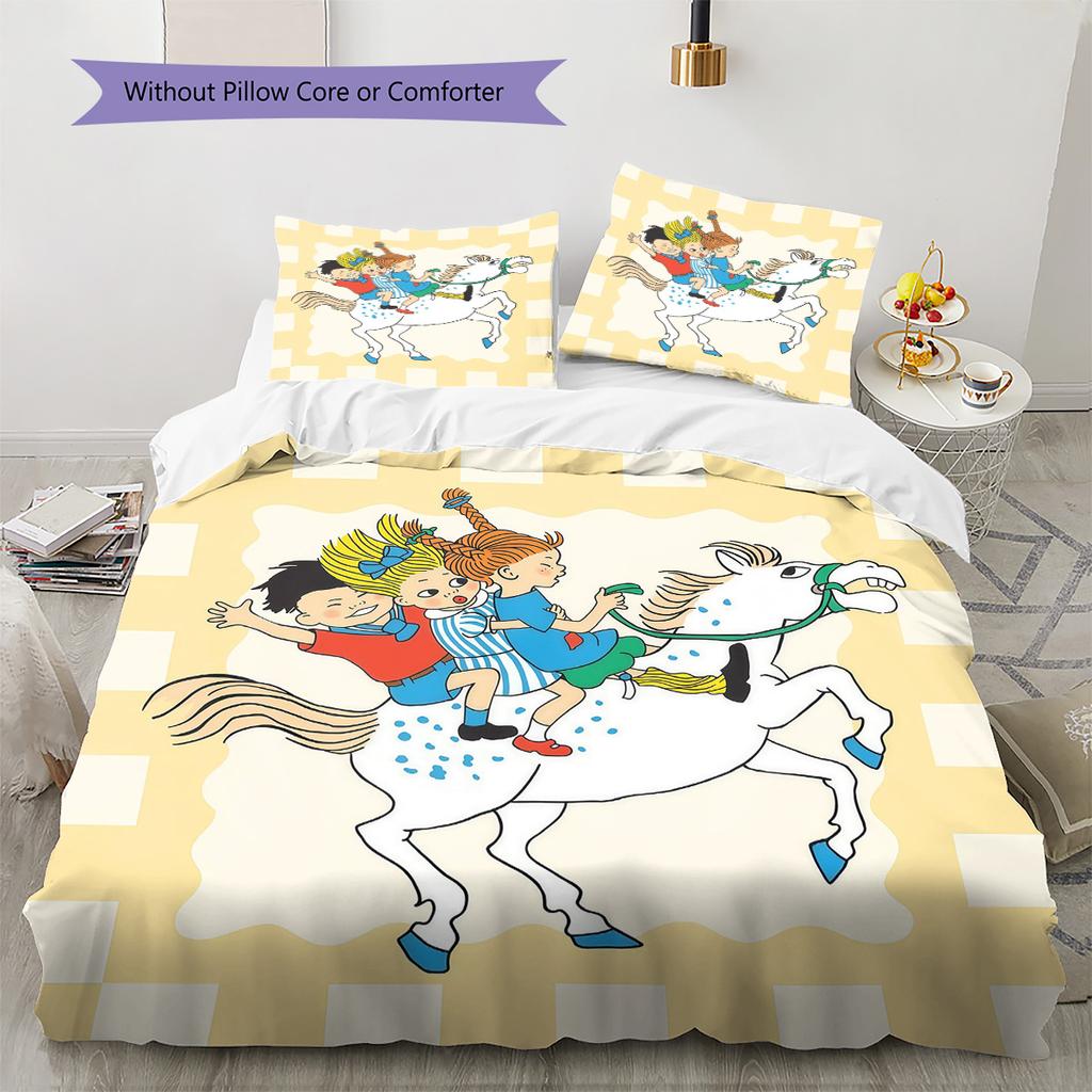 Pippi Longstocking Pattern Bedding Quilt Set Home Decoration Gift (1 * duvet cover + 2 * pillowcase without core)