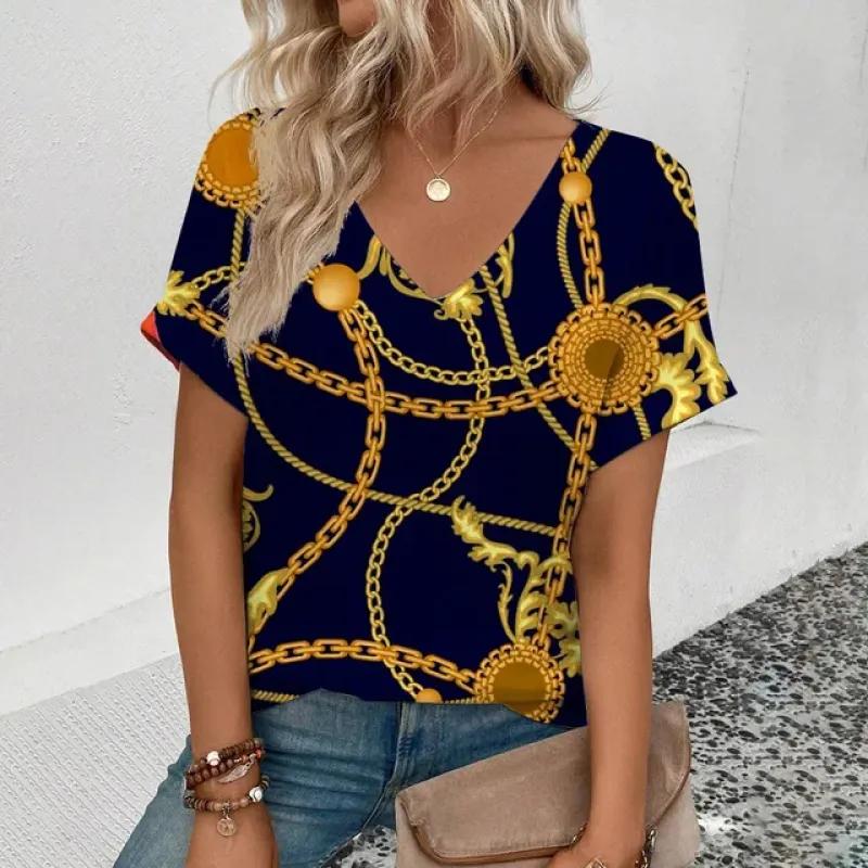 Женская футболка высокого качества с v-образным вырезом в стиле ретро, ​​футболка с золотым ожерельем и узором, модная футболка с принтом, женская футболка с короткими рукавами