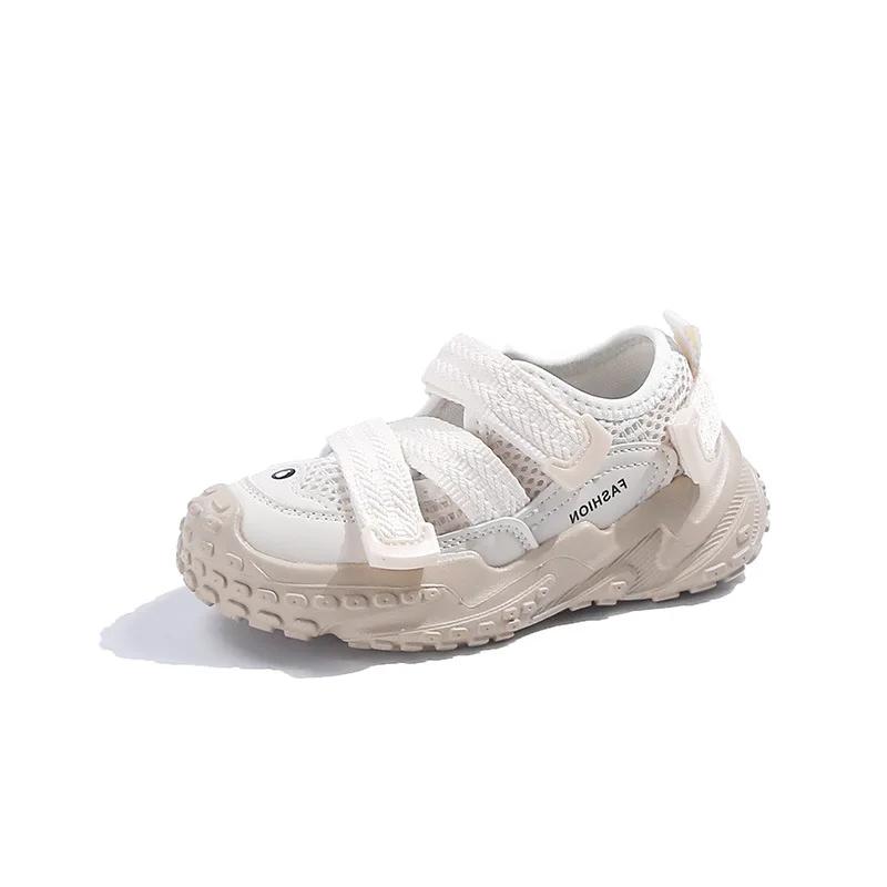 Kids Summer Running Shoes 2024 New Breathable Casual Sports Shoes with Cross Strap Neutral Hollow Breathable Sneakers Hook&loop