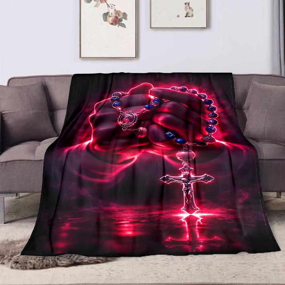 "Glowing Rosary with Cross Design" Patterned flannel blanket perfect for the bedroom living room, sofa, or a little nap