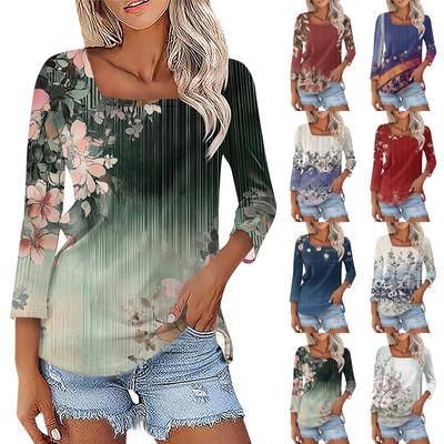 Жен. Футболка Футболка с принтом Рукав 3/4 Повседневные Выходные Мода Классический Квадратный вырез Обычный Топ