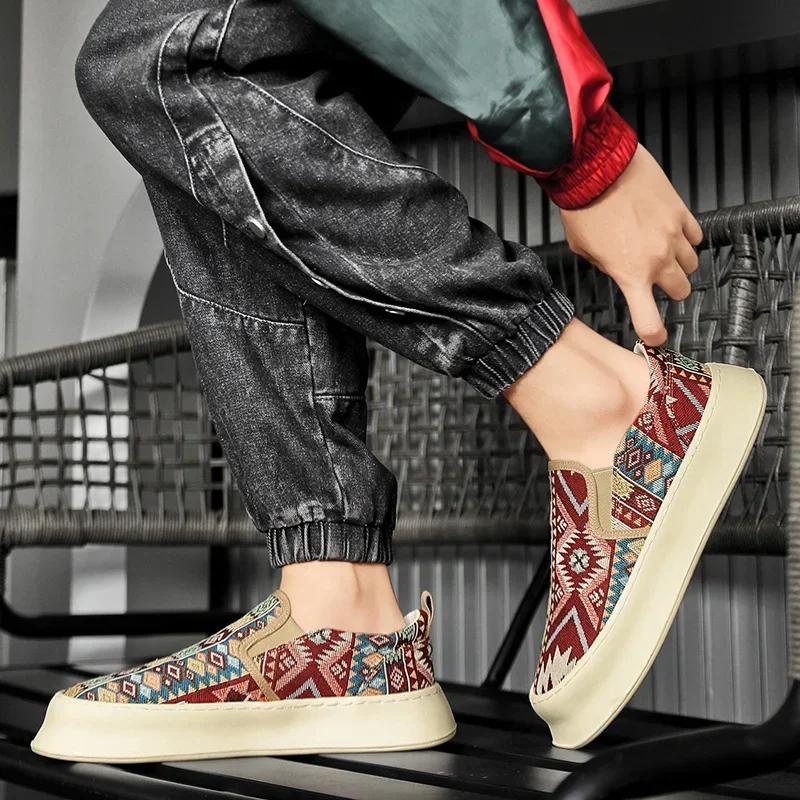Мужская парусиновая обувь с принтом в этническом стиле. Дизайнерские лоферы на платформе. Дышащие повседневные кроссовки. Мужские эспадрильи без шнуровки.