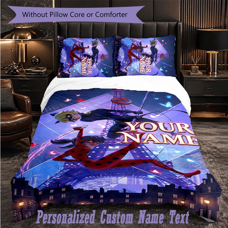 Personalized 3Pcs Bedding SetMiraculous Ladybug Custom Text Duvet Cover Pillowcase Set Bedroom Gift