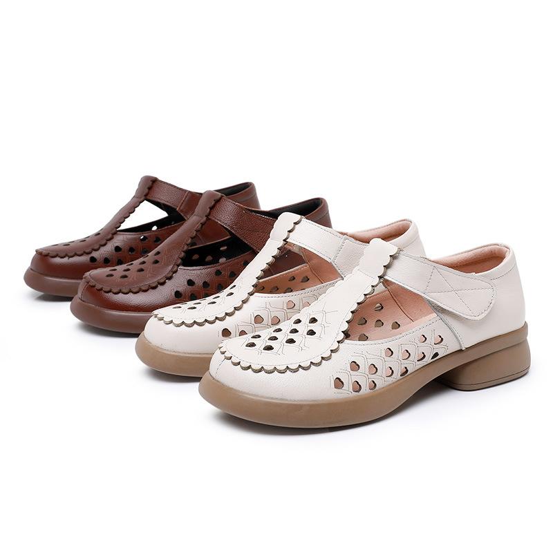 Модная GKTINOO Натуральная кожа Сандалии с закрытым носком 2025 Лето Ажурные Толстый каблук Мэри Джейн Застежка-липучка Женская обувь Большой размер