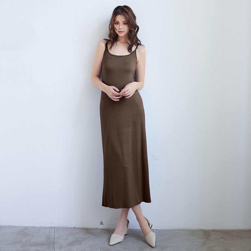 Women Bottoming Dress Round Neck Loose Solid Color Stretchy Backless Sleeveless Suspender Long Dress Home Daily Wear Bedroom Mid