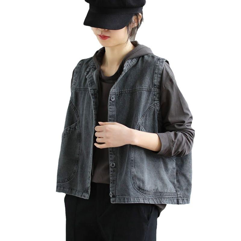 Весна и осень джинсовый жилет женский литературный досуг мода свободные плечи снаружи майки без рукавов с плечами плюс размер