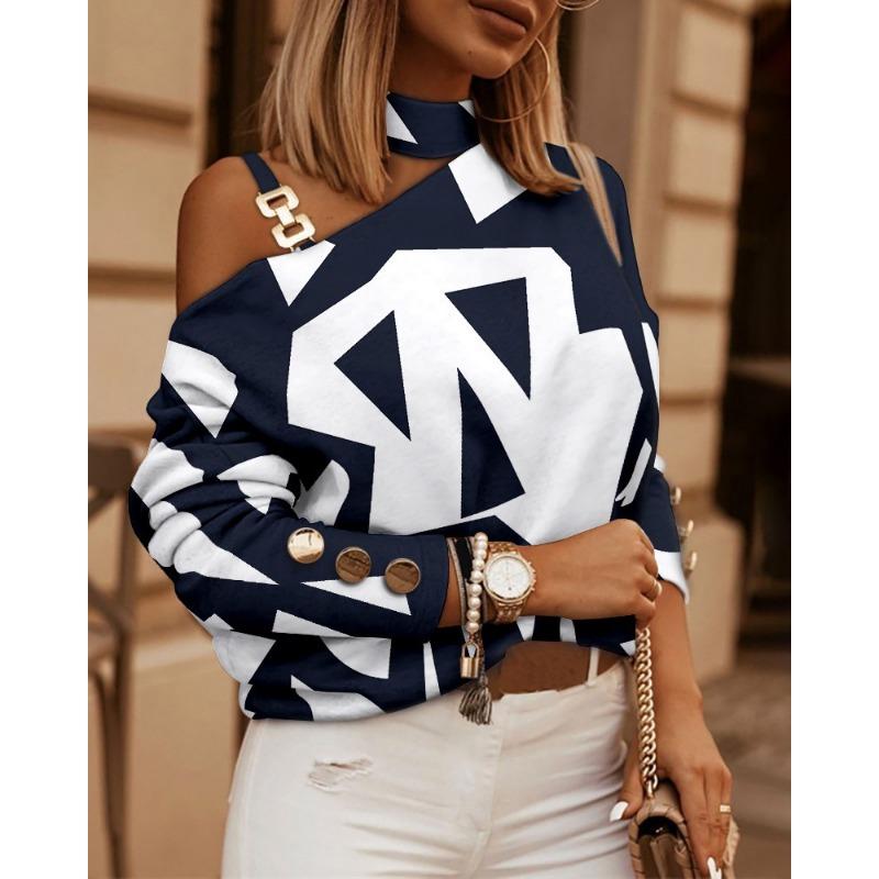 IHUASU Осень-зима Длинный рукав Цепочка Холтер Принт Пуговица Украшенный Топ Женщины