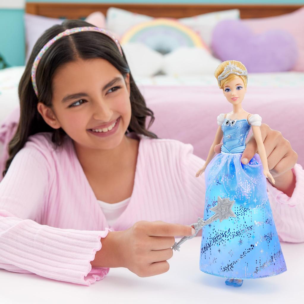 Mattel Disney Princess Wave the Wand Sparkle Cinderella Dress-Up Doll & House for Pretend Play, Ages 3 and Up, Blue, JBF94