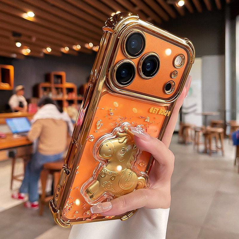 Золотая фольга с изображением удачи для чехла мобильного телефона Apple 17 Pro iPhone Модель Года Лошади Новогодний чехол с блестками для мальчиков и девочек 16